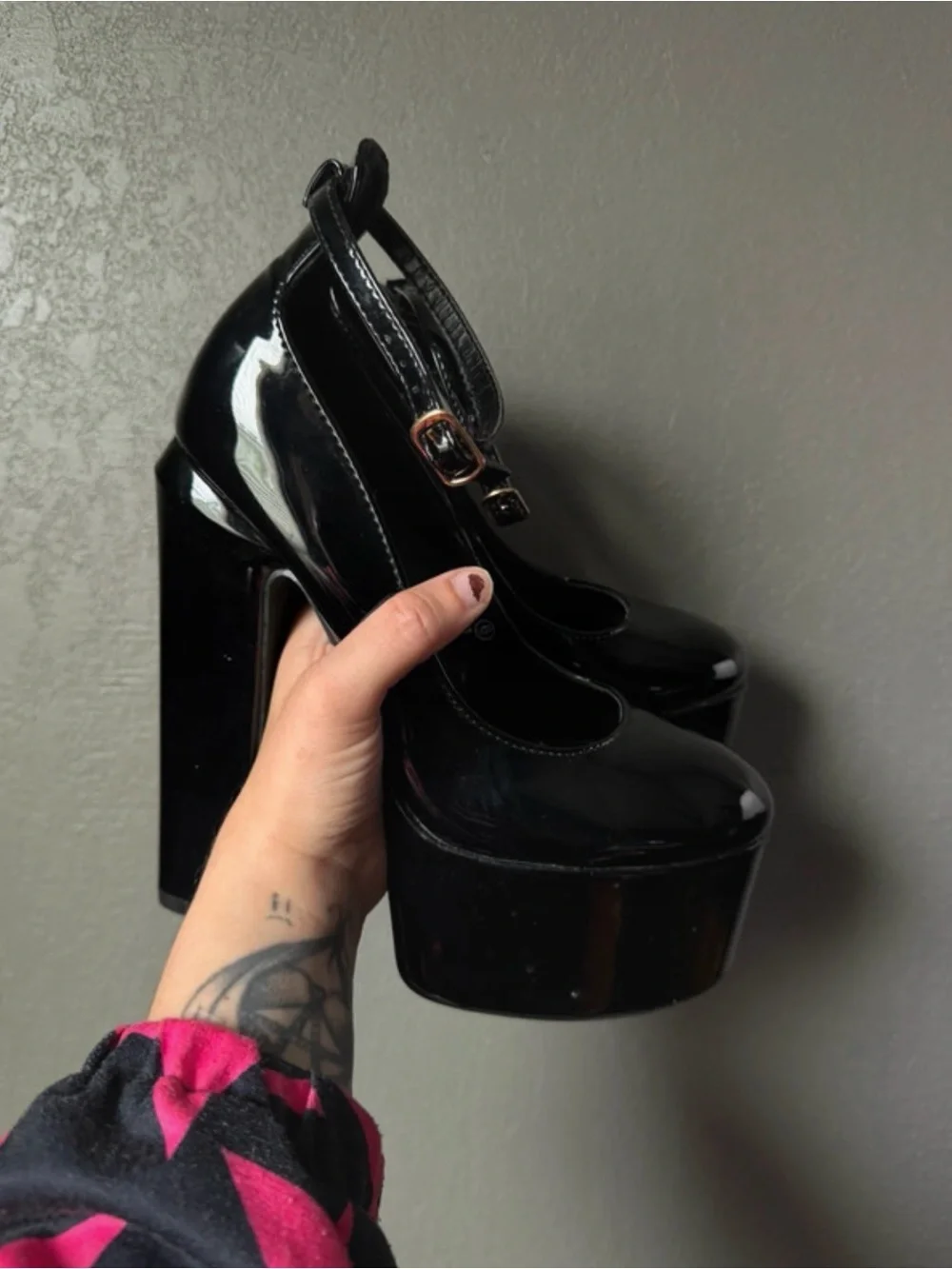 Black Patent Platform Heels with Ankle Strap